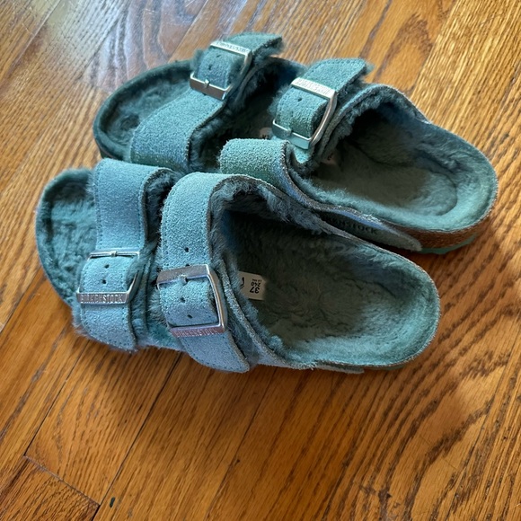 Birkenstock Arizona Shearling - Fur Slip-On Sandals - RARE Teal Color - Picture 2 of 5